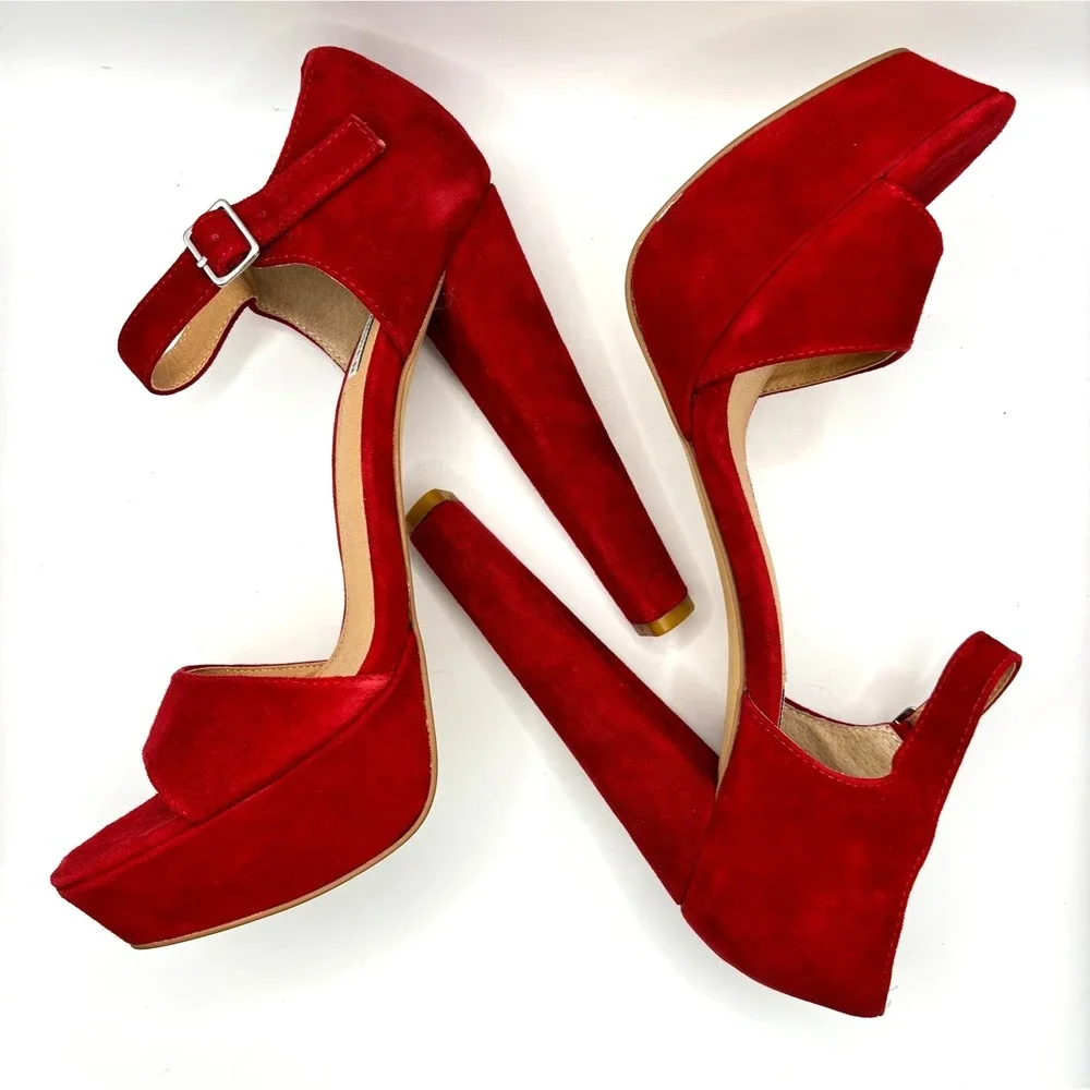 Steve Madden‎ Red Suede Platform Ankle Strap Block Heels Women's Size 10